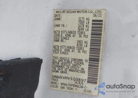 2015 Nissan Titan Sv из США, поврежденный, VIN 1N6BA0CA9FN510897